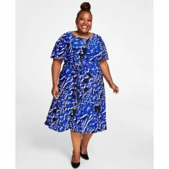 Cheapest ๐ Kasper Plus Size Florinda Flutter-Sleeve Belted ๐ Dress Crimson / Cream Combo ๐