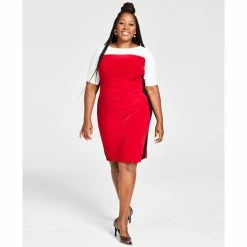 Best Sale ๐ Kasper Plus Size Chaplin Colorblocked Elbow-Sleeve ๐ Dress Crimson Combo ๐