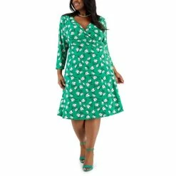 Promo 🌟 Kasper Plus Size Maura Printed 3/4-Sleeve Faux-Wrap 👗 Dress Apple Green Combo 😍