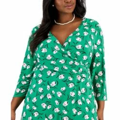 Promo 🌟 Kasper Plus Size Maura Printed 3/4-Sleeve Faux-Wrap 👗 Dress Apple Green Combo 😍 -Cheap Kasper Store unnamed file 881