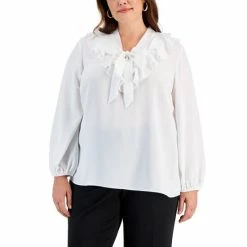 Deals 😀 Kasper Plus Size Ruffled Tie-Neck Blouse Lily White 🎉