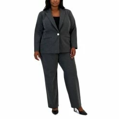 Best Pirce 👏 Kasper Plus Size One-Button Notched-Collar Jacket & Pull-On Pants Dark Grey Heather 😉