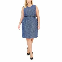 Promo 🤩 Kasper Plus Size Sleeveless Belted Tweed Sheath 👗 Dress California Sky Multi 🛒