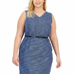 Promo 🤩 Kasper Plus Size Sleeveless Belted Tweed Sheath 👗 Dress California Sky Multi 🛒 -Cheap Kasper Store unnamed file 912