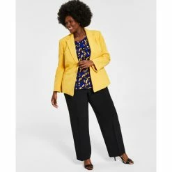 Coupon 🤩 Kasper Plus Size Blazer, Printed Twist-Neck Top & Modern 👗 Dress Pants Crimson/cream Combo ❤️