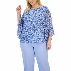 Best reviews of 🎁 Kasper Plus Size Printed Boat-Neck Ruffled-Sleeve Top California Sky Multi 🧨