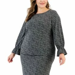 Cheapest 👏 Kasper Plus Size Printed Bateau-Neck Flare-Cuff Blouse Black/vanilla Ice 💯