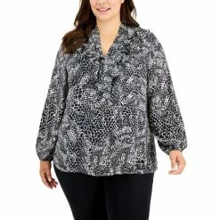 Best Sale 🥰 Kasper Plus Size Printed Ruffled Long-Sleeve Blouse Vanilla Ice Combo ✨